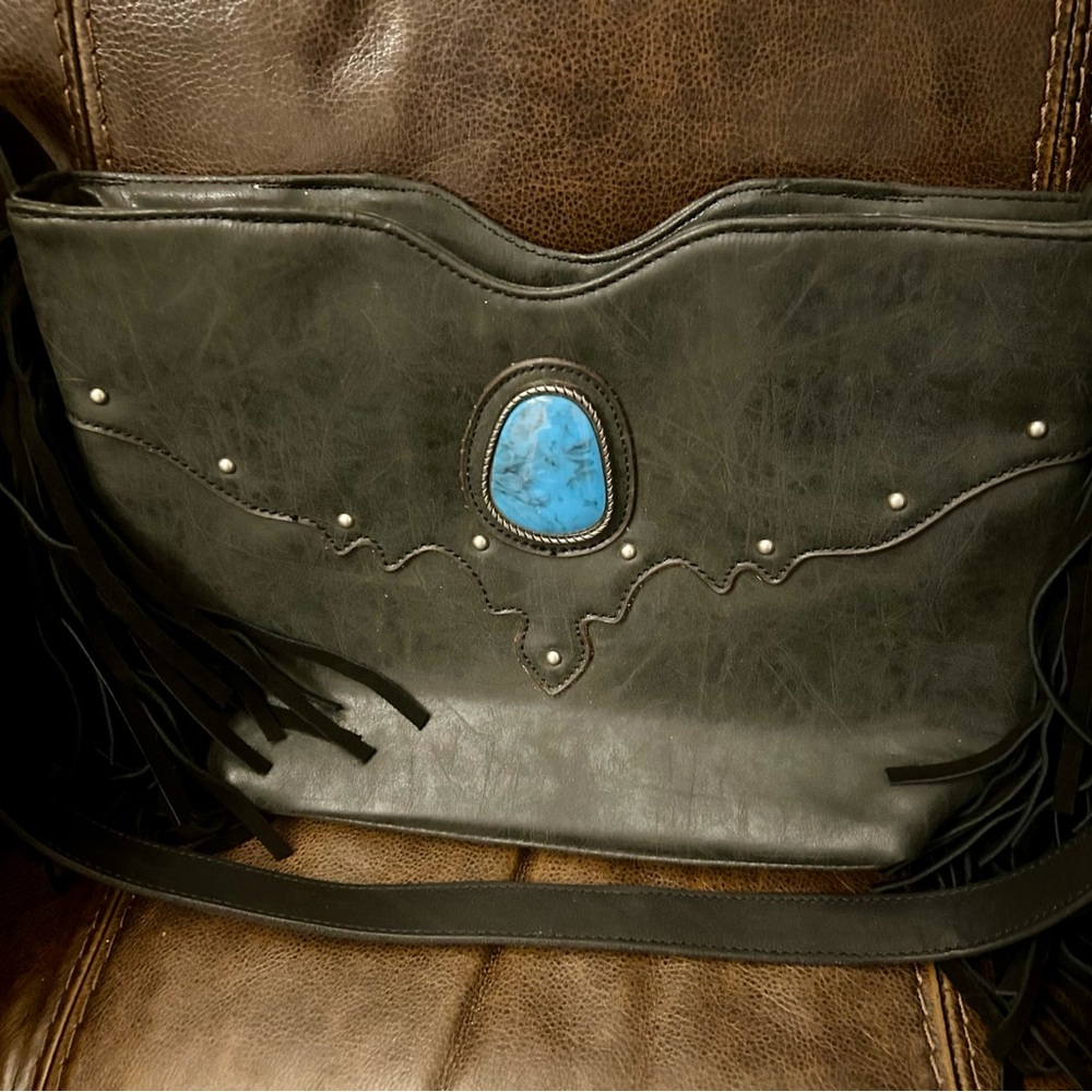 Justin Black Leather Bag with Fringe and Turquoise Accent